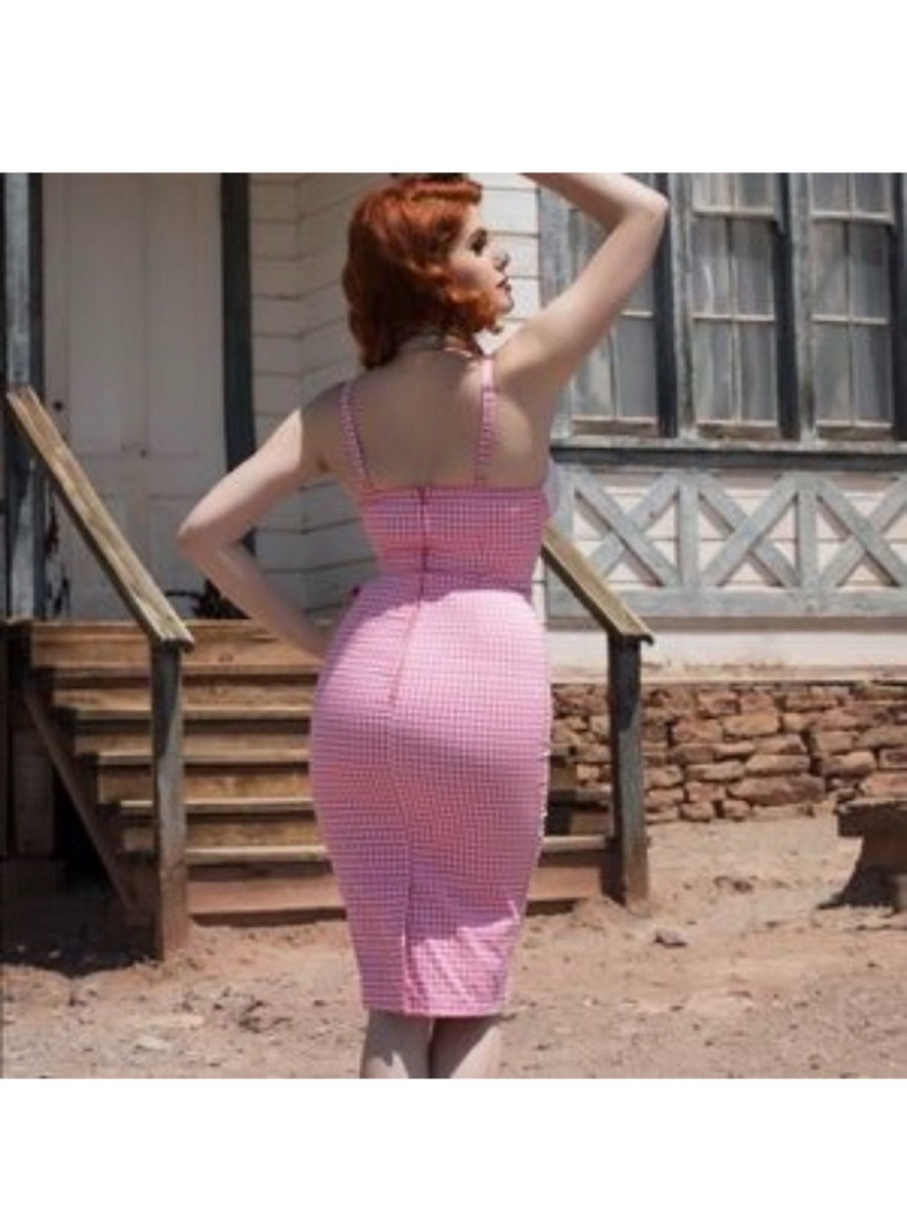 PUG “Evangeline” Pink Gingham Wiggle Dress with Belt - Picture 2 of 9